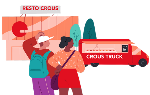 Illustration d'un étudiant et une étudiante devant le food truck du Crous